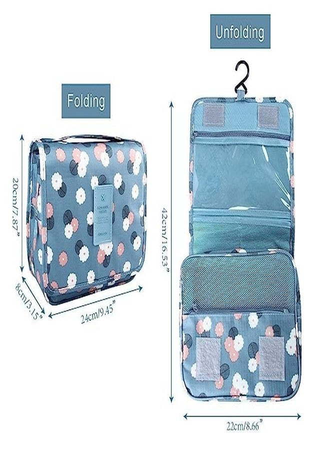 FEELING MALL Toiletry Bag, Hanging Toiletries Wash Bag Makeup Cosmetic Organizer Bags for Women Girls Kids Waterproof Foldable, Blue Flower, Classic, Durable, Practical (1 Pcs) - Image 2
